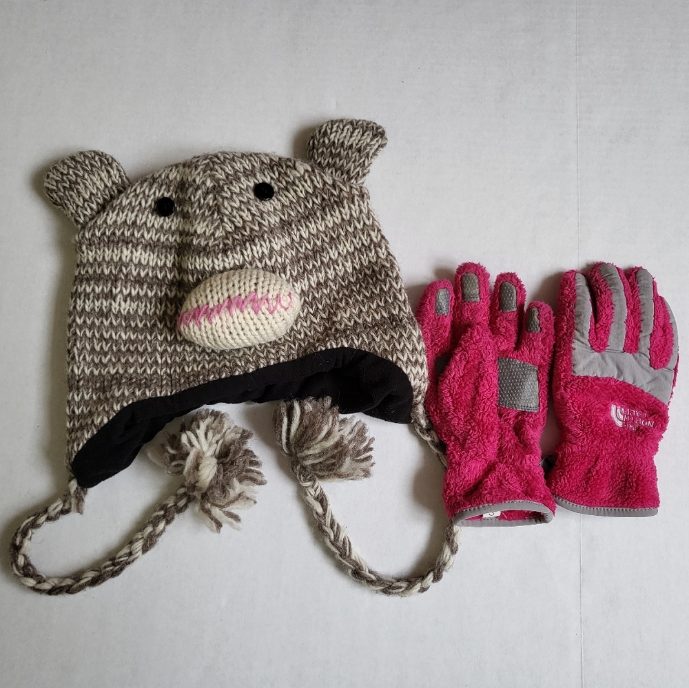 The North Face Kids Fleece Winter Snow Gloves Pink Size S plus hat